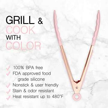 COOK WITH COLOR Stainless Steel Silicone Tipped Kitchen & BBQ Tongs Set, 2 Pc Tongs, Pink