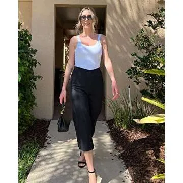G4Free Capri Pants for Women Wide Leg Yoga Crop Pants with Pockets Cross Waist Stretch Dress Capris for Casual Workout(Black,L,23")