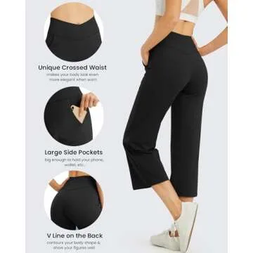 G4Free Capri Pants for Women Wide Leg Yoga Crop Pants with Pockets Cross Waist Stretch Dress Capris for Casual Workout(Black,L,23")