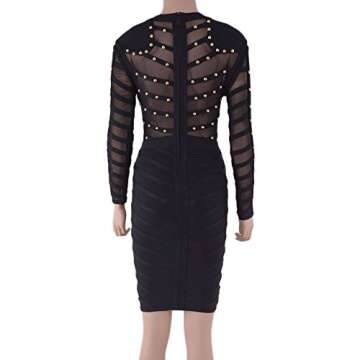 HLBandage Long Sleeve Mesh Beaded Knee Length Rayon Bandage Dress (L, Black)