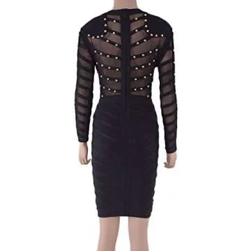 HLBandage Long Sleeve Mesh Beaded Knee Length Rayon Bandage Dress (L, Black)