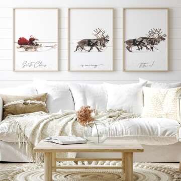 JarThenaAMCS 3Pcs Large Christmas Canvas Wall Art Prints Santa Claus with Sleigh Deer Art Poster Winter Xmas Wall Decor for Gallery Living Room Bedroom (UNFRAMED 16 x 24in)