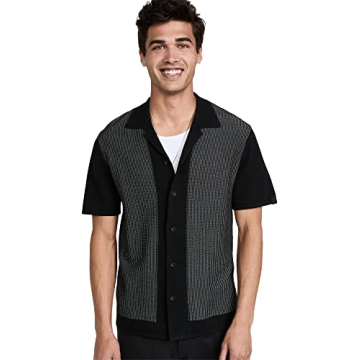 rag & bone Men's Harvey Knit Camp Shirt - Stylish Black/White Striped Comfort in XL