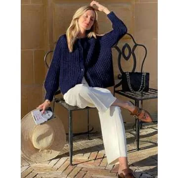 Wyeysyt Womens Cardigan Sweater Button Down Long Sleeve Chunky Soft Knit Sweater Fall Open Front Loose Casual Cardigan Coat(Navy-S)