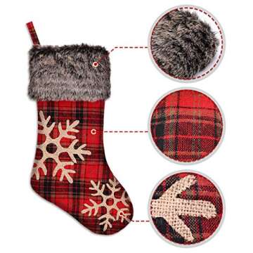 Ivenf Christmas Stockings, 4 Pcs 18 inches Burlap with Large Plaid Snowflake and Plush Faux Fur Cuff Stockings, for Family Holiday Xmas Party Decorations