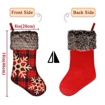 Ivenf Christmas Stockings, 4 Pcs 18 inches Burlap with Large Plaid Snowflake and Plush Faux Fur Cuff Stockings, for Family Holiday Xmas Party Decorations