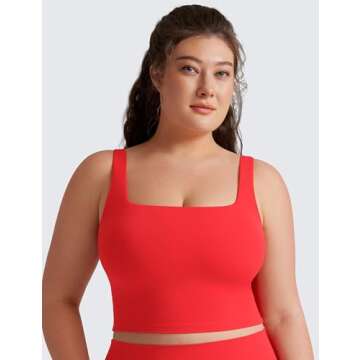 CRZ YOGA Butterluxe Womens Square Neck Longline Sports Bra - Workout Crop Tank Tops Padded Yoga Camisole with Built in Pads Deep Red Small