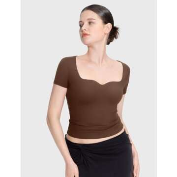 PUMIEY Womens Tops Short Sleeve Sweetheart Neck Going Out Top for Women Trendy Crop Summer T Shirts Slim Fitted Sexy Tee,Chocolate Small