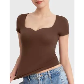 PUMIEY Womens Tops Short Sleeve Sweetheart Neck Going Out Top for Women Trendy Crop Summer T Shirts Slim Fitted Sexy Tee,Chocolate Small