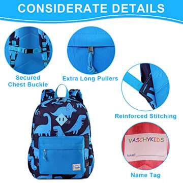 VASCHY Kids Backpack for Boys, Cute Dinosaur Lightweight Backpack for Toddlers Daycare Preschool Little Boys Blue