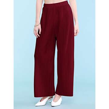 Lock and Love LL WB1795 Womens Casual High Waisted Pleated Wide Leg Palazzo Pants Trousers with Elastic Waist Band L Wine