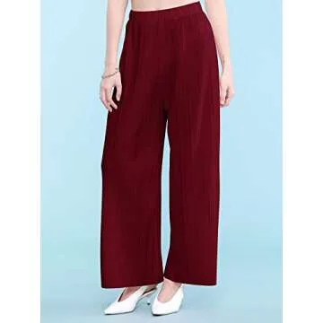 Lock and Love LL WB1795 Womens Casual High Waisted Pleated Wide Leg Palazzo Pants Trousers with Elastic Waist Band L Wine