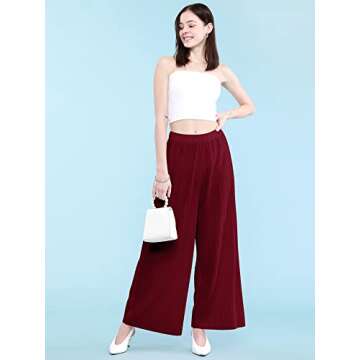 Lock and Love LL WB1795 Womens Casual High Waisted Pleated Wide Leg Palazzo Pants Trousers with Elastic Waist Band L Wine