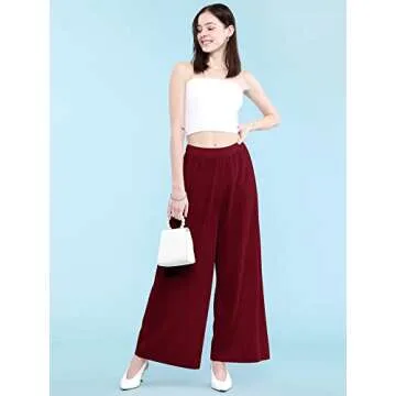 Lock and Love LL WB1795 Womens Casual High Waisted Pleated Wide Leg Palazzo Pants Trousers with Elastic Waist Band L Wine