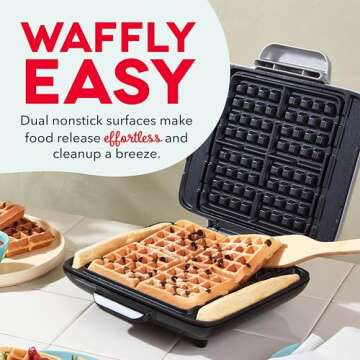 DASH No-Drip Waffle Maker - Four Waffle Molds, Nonstick Waffle Iron with Quick Heat-Up, Nonstick Surface - Perfect Waffle Maker for Kids and Families, Just Add Batter