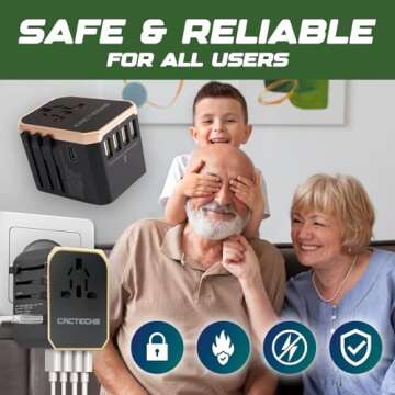 CACTECHS International Universal Travel Adapter Worldwide 4 USB 1 Type C Travel Charger, EU UK European Travel Plug Adapter Europe Power Outlet Converter, Travel Essentials Accessories - Gold