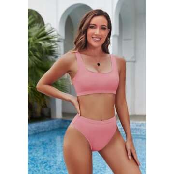 Pink Queen Women's Two Pieces Crop Top Cheeky High Waisted Bikini Pink L