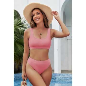 Pink Queen Women's Two Pieces Crop Top Cheeky High Waisted Bikini Pink L