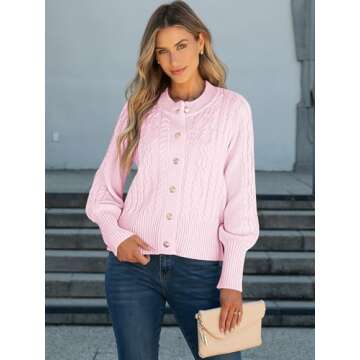 ANRABESS Women Long Sleeve Cable Knit Button Down Open Front Cropped Cardigan Sweater Coat Cute 2025 Spring Fall Outwear Pink XL