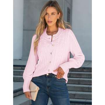 ANRABESS Women Long Sleeve Cable Knit Button Down Open Front Cropped Cardigan Sweater Coat Cute 2025 Spring Fall Outwear Pink XL