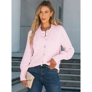 ANRABESS Women Long Sleeve Cable Knit Button Down Open Front Cropped Cardigan Sweater Coat Cute 2025 Spring Fall Outwear Pink XL