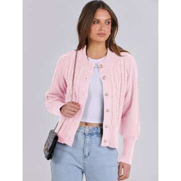 ANRABESS Women Long Sleeve Cable Knit Button Down Open Front Cropped Cardigan Sweater Coat Cute 2025 Spring Fall Outwear Pink XL