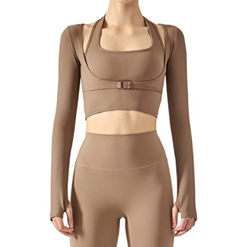 Women's Long Sleeve Running Yoga Top Slim Fit Ribbed Workout Tank Top Fitness Training Padded Sports...