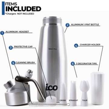 ICO Professional Aluminum Whipped Cream Dispenser for Homemade Whipping Cream, Desserts, Dips, Sauce...