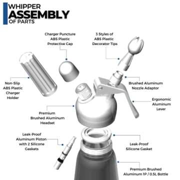ICO Professional Aluminum Whipped Cream Dispenser for Homemade Whipping Cream, Desserts, Dips, Sauces, and Infused Liquors, Whipped Cream Maker for use with Whip Cream Charger, Silver, 1-Pint