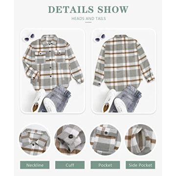 Beaully Women's Flannel Plaid Shacket Long Sleeve Button Down Shirts Jacket Coats with Side Pockets 6017 Khaki S