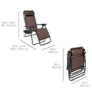 Best Choice Products Set of 2 Adjustable Steel Mesh Zero Gravity Lounge Chair Recliners w/Pillows and Cup Holder Trays - Brown