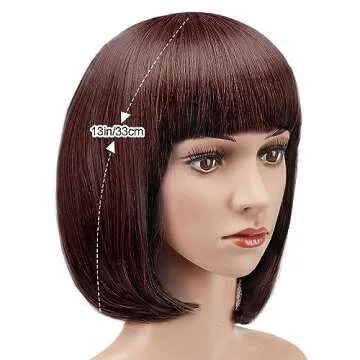 AGPTEK 13 Inches Straight Heat Resistant Short Bob Hair Wigs with Flat Bangs for Women Cosplay Daily Party - Dark Brown
