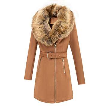 Bellivera Women Pea Coat Faux Suede Leather Long Jacket Winter Outerwear with Detachable Fur Collar ...