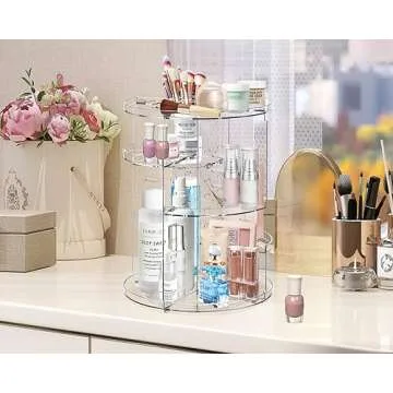 Adoco 360° Rotating Makeup Organizer Countertop,Adjustable Skincare Vanity Organizers Cosmetic Case,Large Capacity Perfume Organizer Makeup Organizers and Storage for Vanity,Bathroom (Clear)