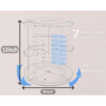 Adoco 360° Rotating Makeup Organizer Countertop,Adjustable Skincare Vanity Organizers Cosmetic Case,Large Capacity Perfume Organizer Makeup Organizers and Storage for Vanity,Bathroom (Clear)