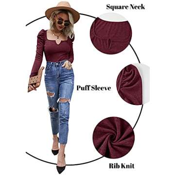 Valphsio Women's V Notch Neck Puff Long Sleeve Blouse