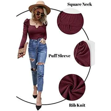 Valphsio Women's V Notch Neck Puff Long Sleeve Blouse