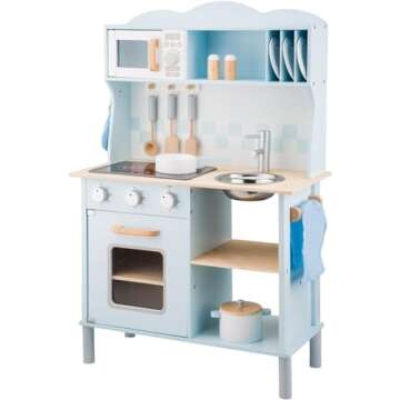 New Classic Toys Blue Wooden Pretend Play Toy Kitchen with Electric Cooking & Sounds