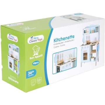 New Classic Toys Blue Wooden Pretend Play Kitchen for Kids