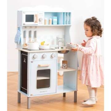 New Classic Toys Blue Wooden Pretend Play Kitchen for Kids