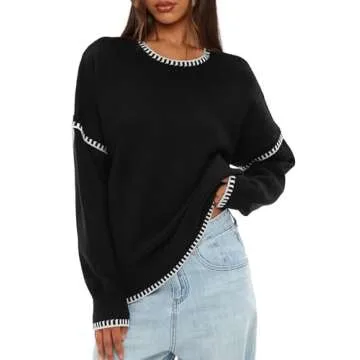 Darong Women's Casual Long Sleeve Crew Neck Pullover Sweater 2024 Fall Knit Loose Contrast Color Sweater Tops 9107 Black S