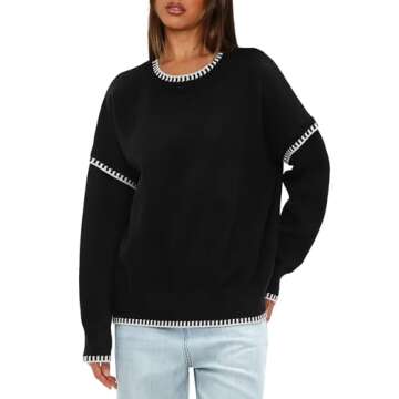 Darong Women's Casual Long Sleeve Crew Neck Pullover Sweater 2024 Fall Knit Loose Contrast Color Sweater Tops 9107 Black S