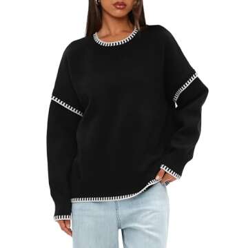 Darong Women's Casual Long Sleeve Crew Neck Pullover Sweater 2024 Fall Knit Loose Contrast Color Sweater Tops 9107 Black S