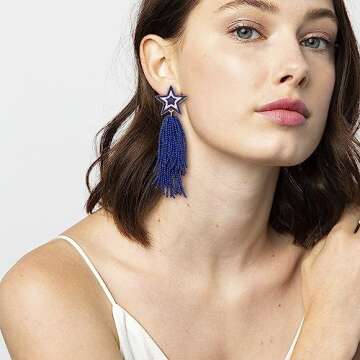 Star Earrings Beaded Tassel Earrings Handmade Star Fringe Drop Dangle Earrings for Women Bohemian Waterfall Earrings Game Day Costume Accessory Gift (Blue)