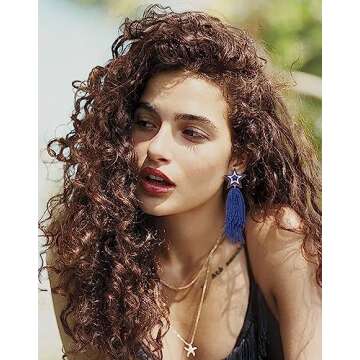 Star Earrings Beaded Tassel Earrings Handmade Star Fringe Drop Dangle Earrings for Women Bohemian Waterfall Earrings Game Day Costume Accessory Gift (Blue)