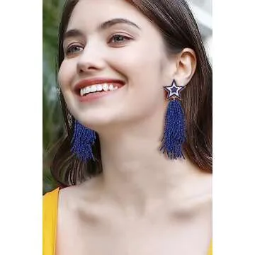Star Earrings Beaded Tassel Earrings Handmade Star Fringe Drop Dangle Earrings for Women Bohemian Waterfall Earrings Game Day Costume Accessory Gift (Blue)