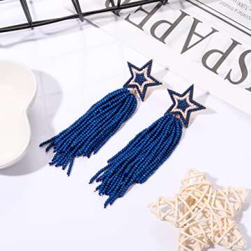 Star Earrings Beaded Tassel Earrings Handmade Star Fringe Drop Dangle Earrings for Women Bohemian Waterfall Earrings Game Day Costume Accessory Gift (Blue)
