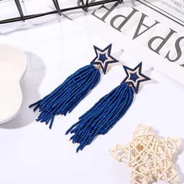 Star Earrings Beaded Tassel Earrings Handmade Star Fringe Drop Dangle Earrings for Women Bohemian Waterfall Earrings Game Day Costume Accessory Gift (Blue)