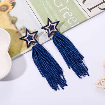 Star Earrings Beaded Tassel Earrings Handmade Star Fringe Drop Dangle Earrings for Women Bohemian Waterfall Earrings Game Day Costume Accessory Gift (Blue)