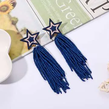 Star Earrings Beaded Tassel Earrings Handmade Star Fringe Drop Dangle Earrings for Women Bohemian Waterfall Earrings Game Day Costume Accessory Gift (Blue)